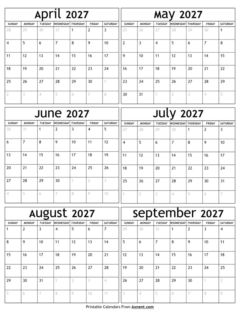 April to September 2027 Calendar