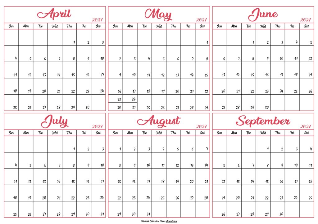 April to September Calendar 2027