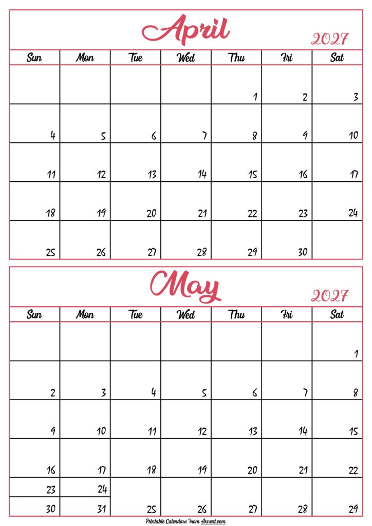 Calendar 2027 April May