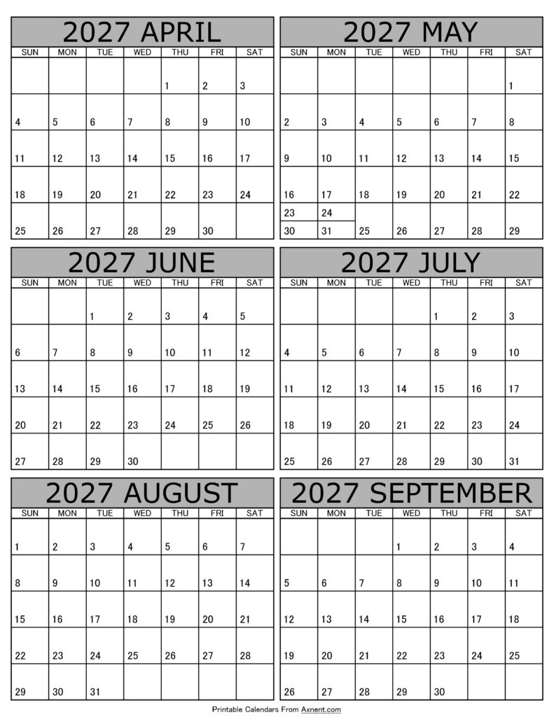 Calendar 2027 April to September