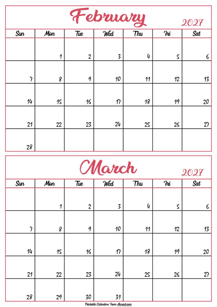 Calendar 2027 February March