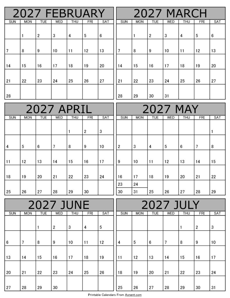 Calendar 2027 February to July