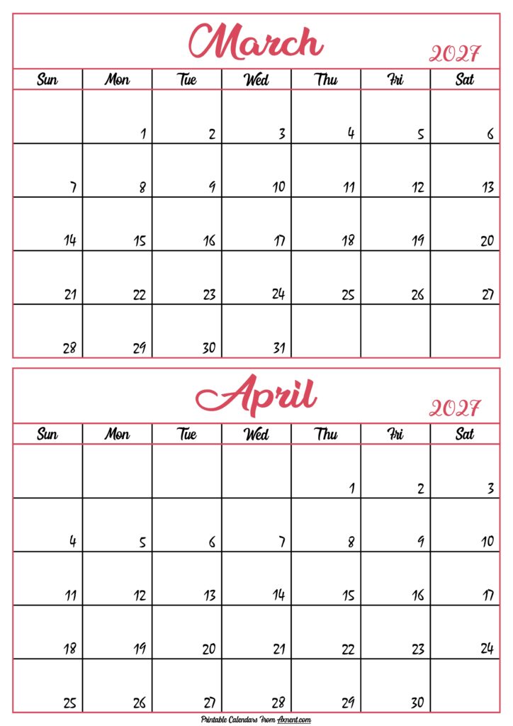 Calendar 2027 March April