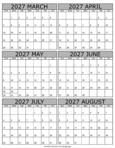 Calendar 2027 March to August