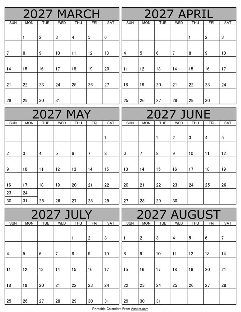 Calendar 2027 March to August