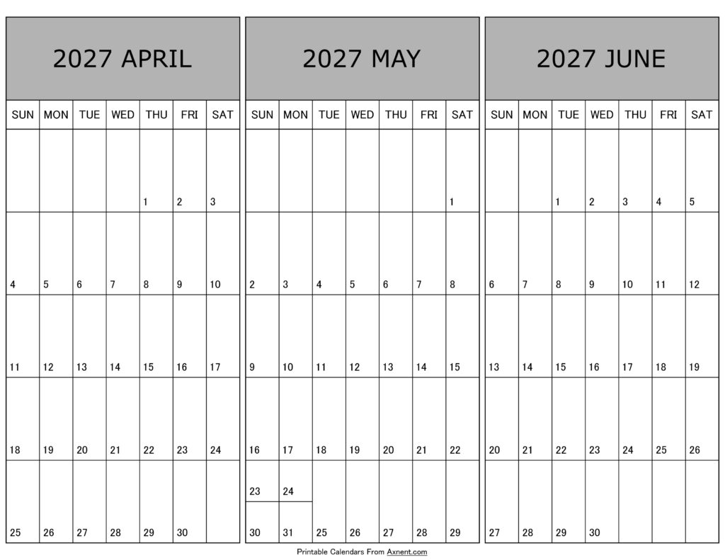 Calendar April May June 2027