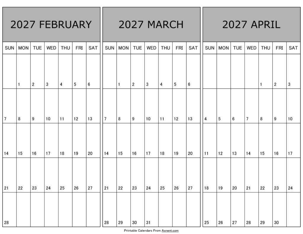 Calendar February March April 2027