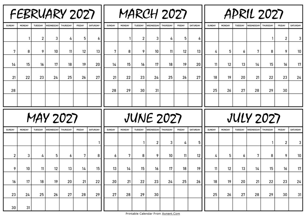 Calendar February to July 2027
