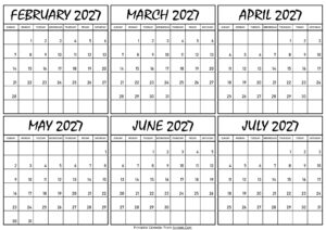 Calendar February to July 2027