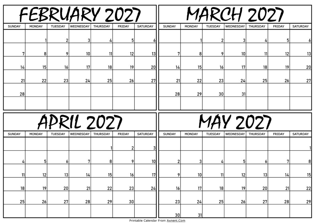 Calendar February to May 2027