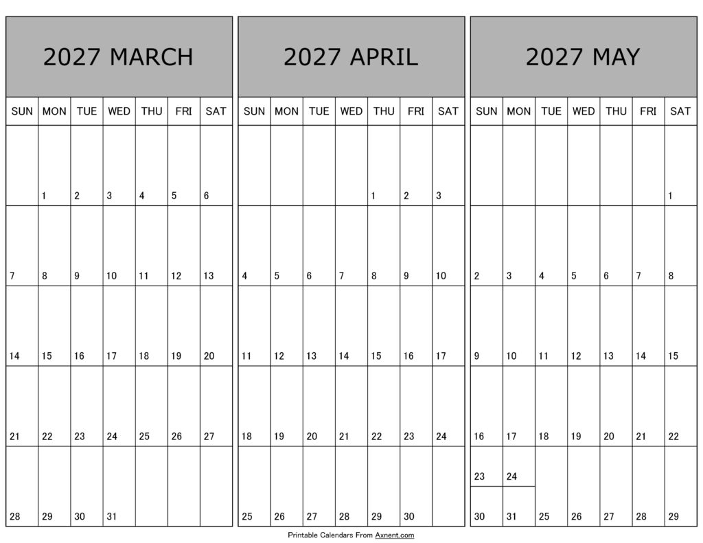 Calendar March April May 2027