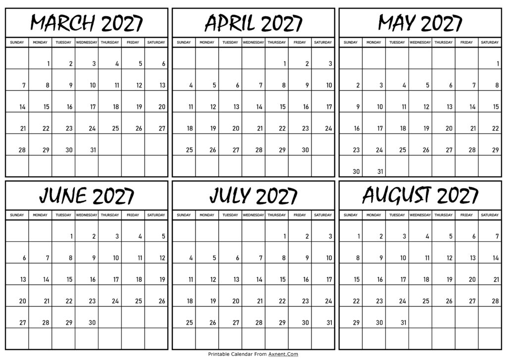 Calendar March to August 2027