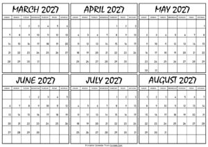 Calendar March to August 2027