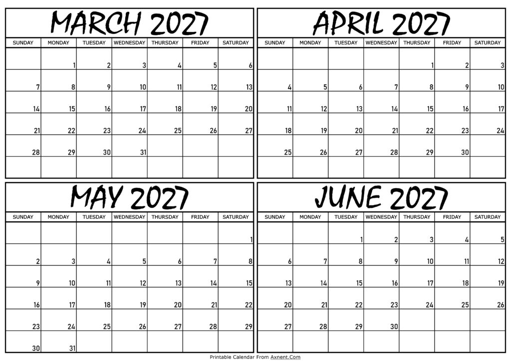 Calendar March to June 2027