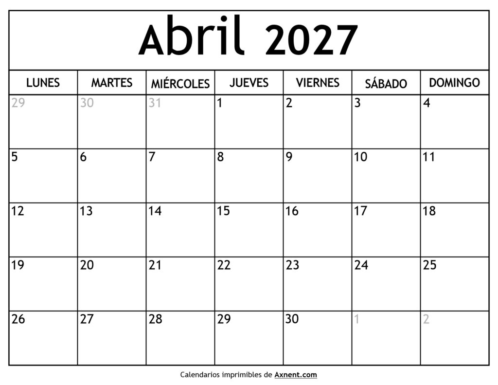 Calendario Abril 2027