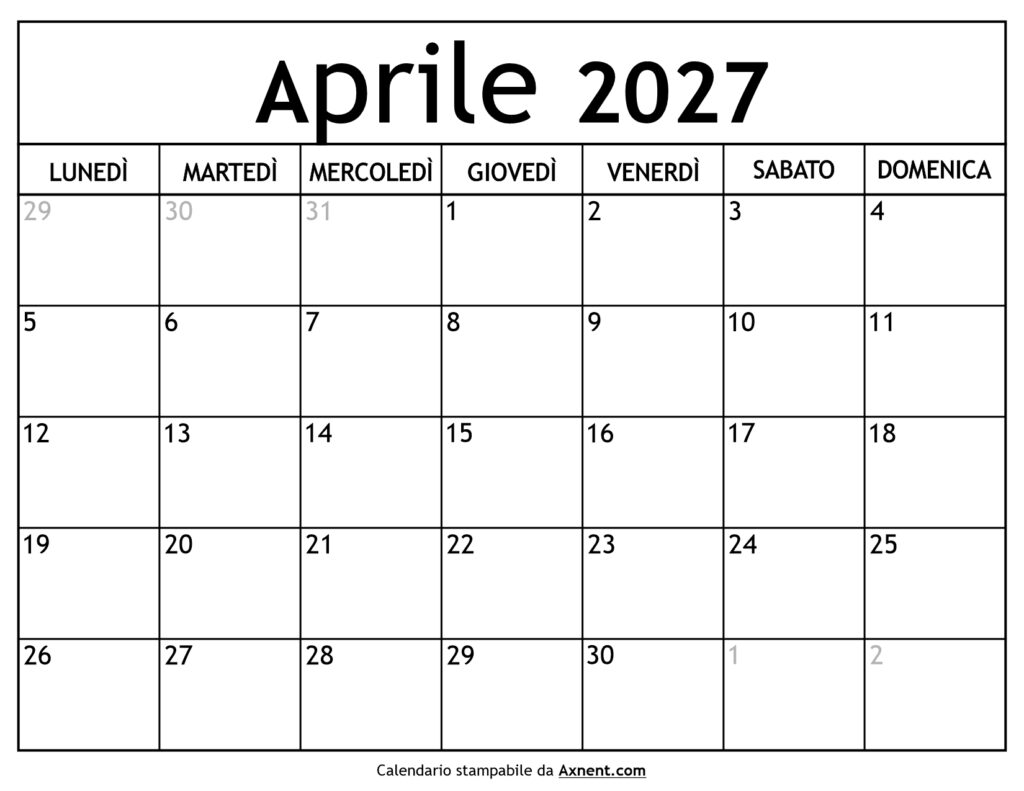 Calendario Aprile 2027