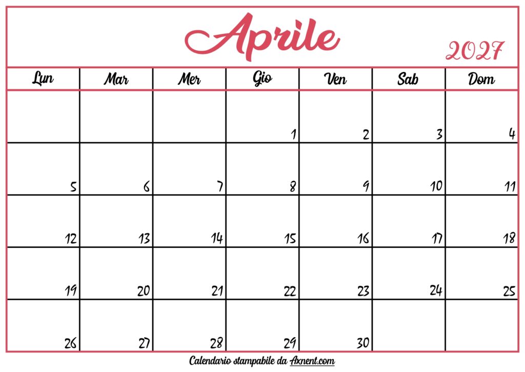 Calendario Aprile 2027 Stampabile