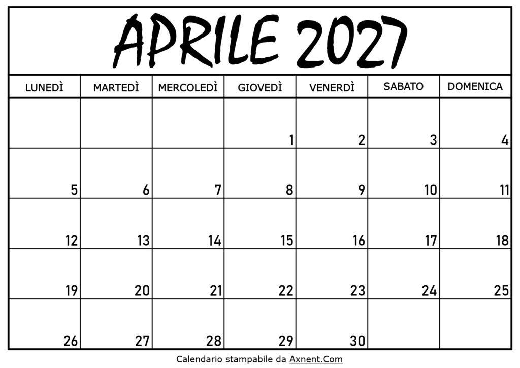 Calendario Aprile 2027 da Stampare