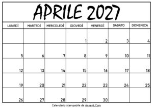 Calendario Aprile 2027 da Stampare