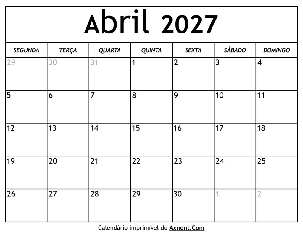 Calendário De Abril De 2027