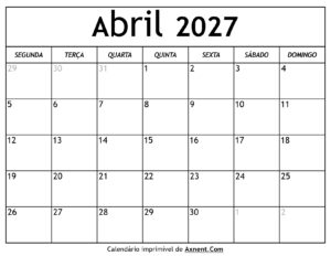 Calendário De Abril De 2027
