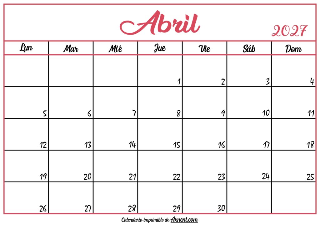 Calendario En Blanco Abril 2027