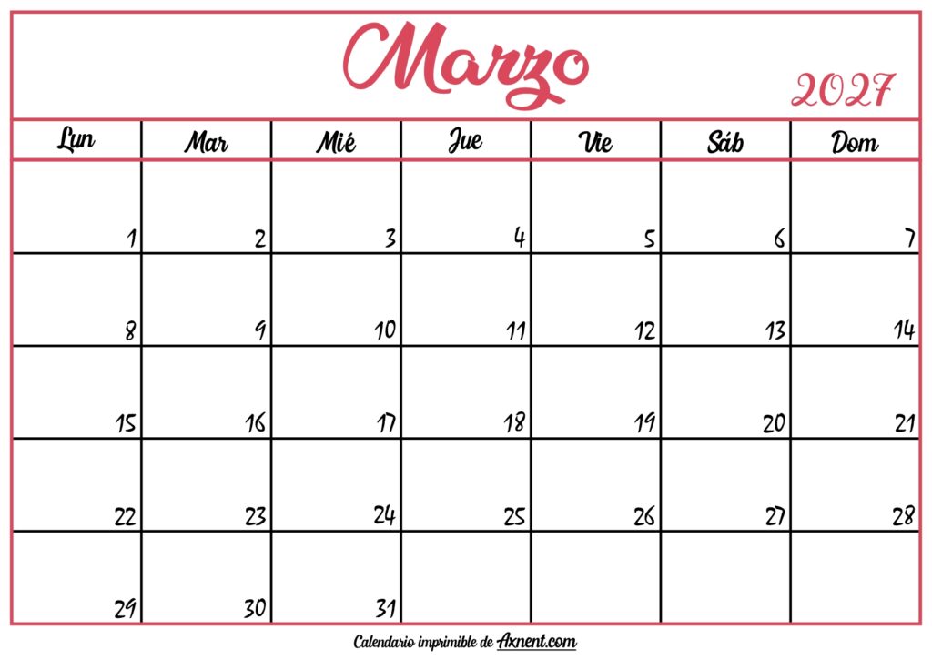 Calendario En Blanco Marzo 2027