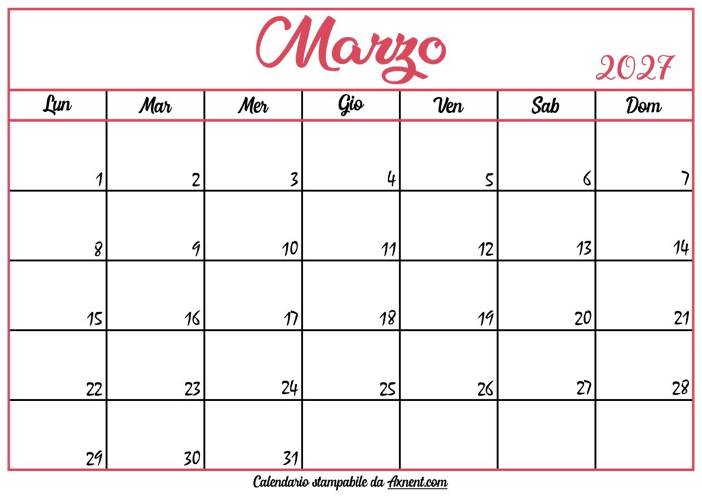 Calendario Marzo 2027 Stampabile
