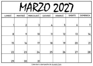Calendario Marzo 2027 da Stampare