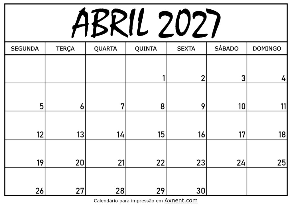 Calendário Mensal Abril 2027