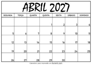 Calendário Mensal Abril 2027