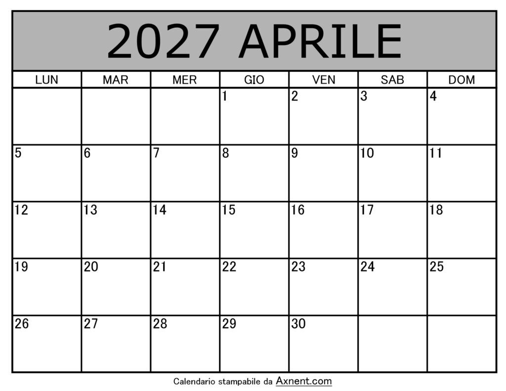 Calendario Mensile di Aprile 2027