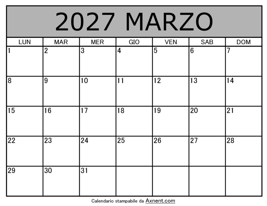 Calendario Mensile di Marzo 2027