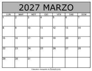 Calendario Mensile di Marzo 2027