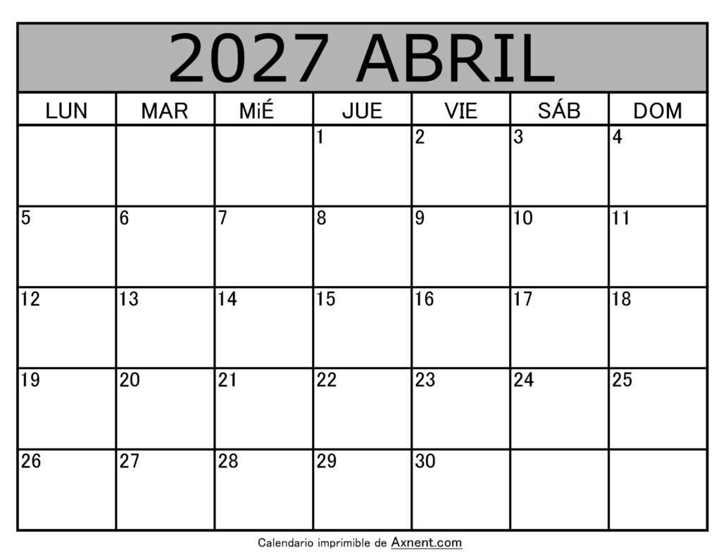 Calendario Mensual Abril 2027