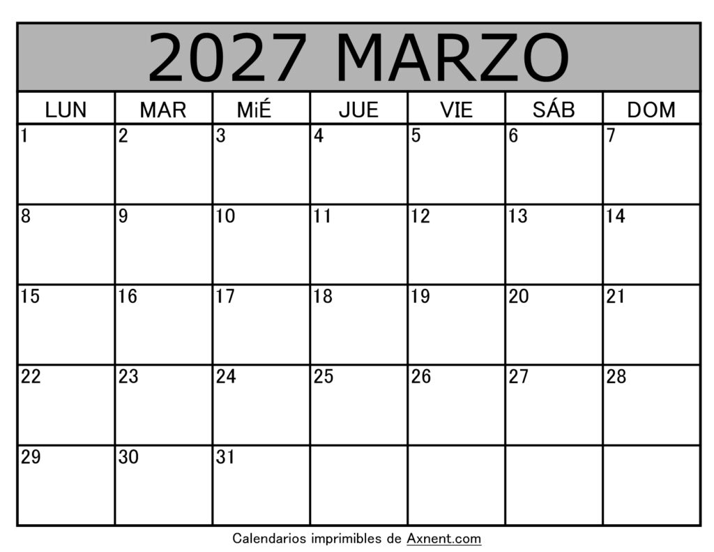 Calendario Mensual Marzo 2027