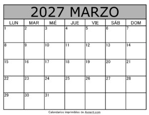 Calendario Mensual Marzo 2027