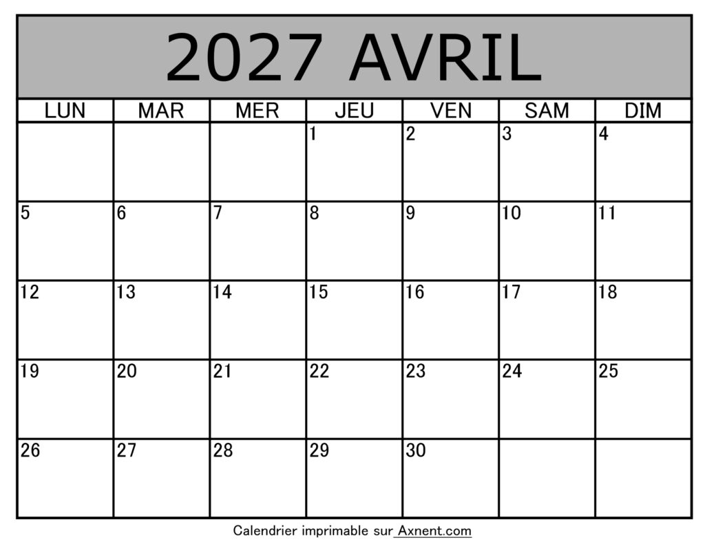 Calendrier À Imprimer Avril 2027