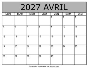 Calendrier À Imprimer Avril 2027