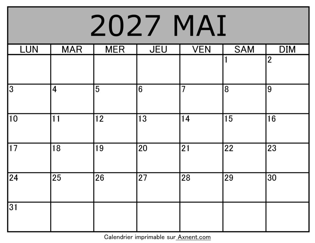Calendrier À Imprimer Mai 2027