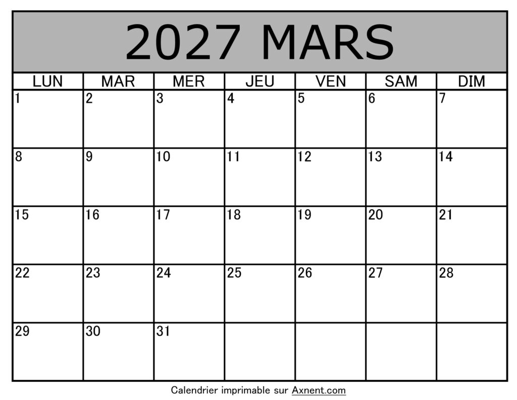 Calendrier À Imprimer Mars 2027