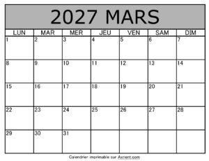 Calendrier À Imprimer Mars 2027