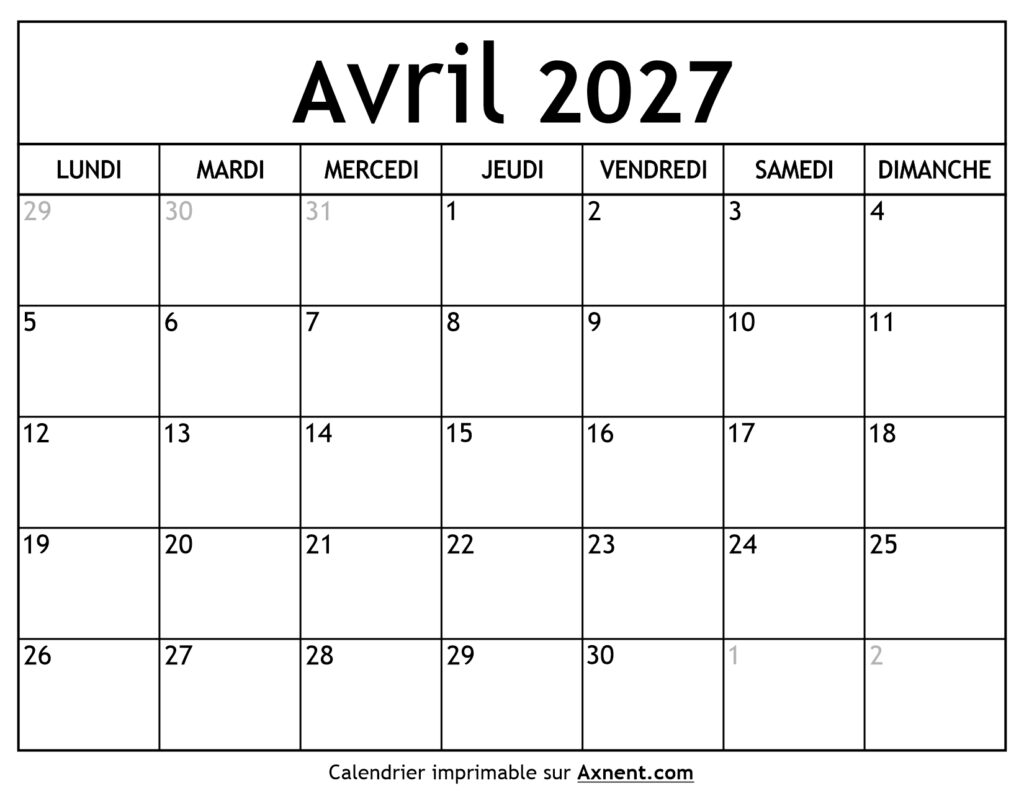 Calendrier Avril 2027