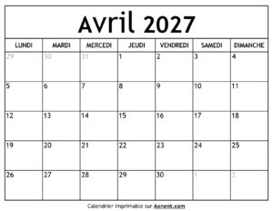 Calendrier Avril 2027