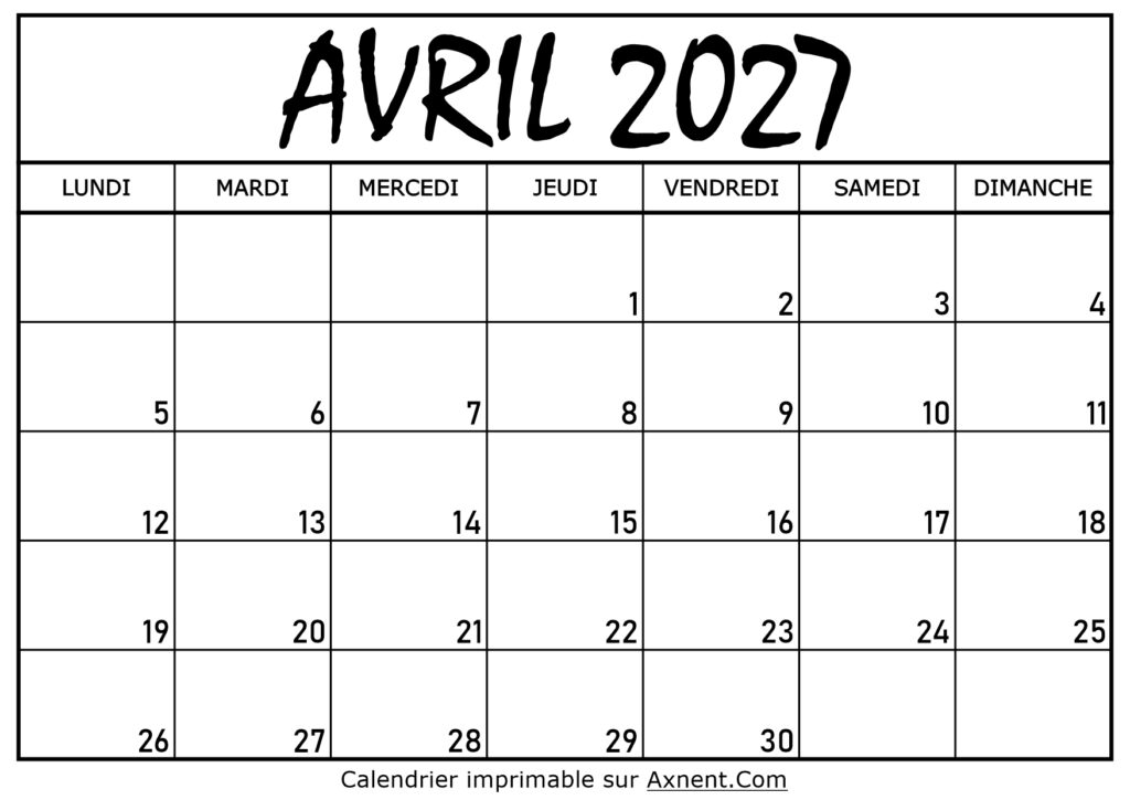 Calendrier Avril 2027 À Imprimer
