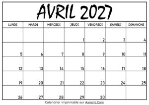 Calendrier Avril 2027 À Imprimer