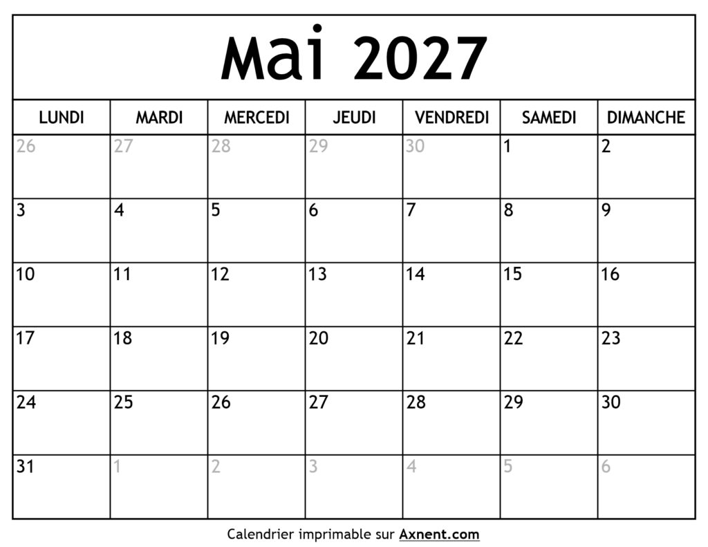 Calendrier Mai 2027