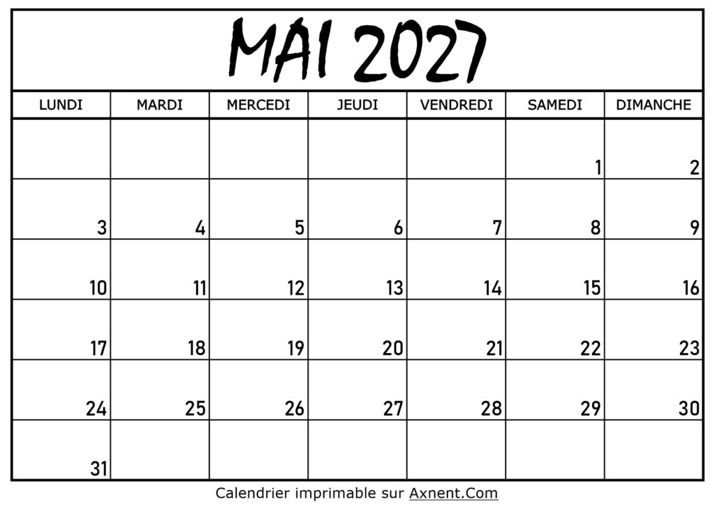 Calendrier Mai 2027 À Imprimer