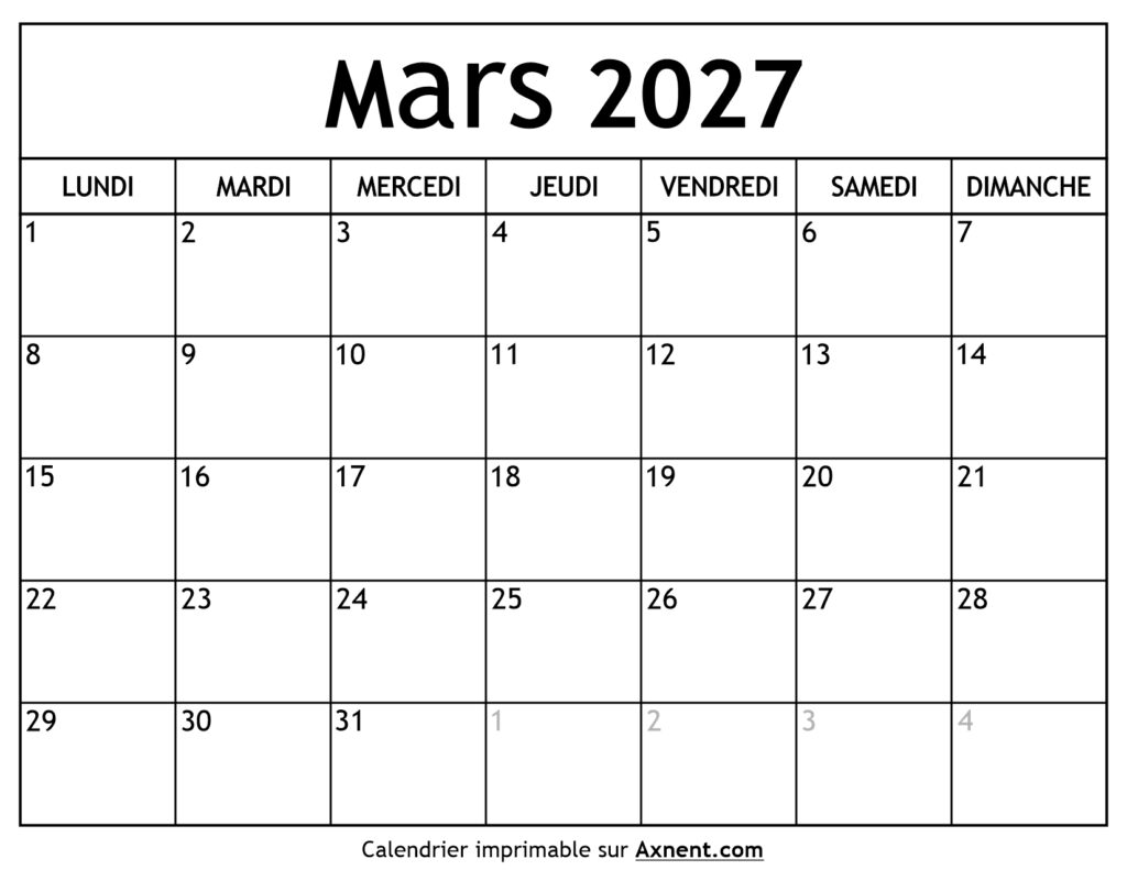 Calendrier Mars 2027