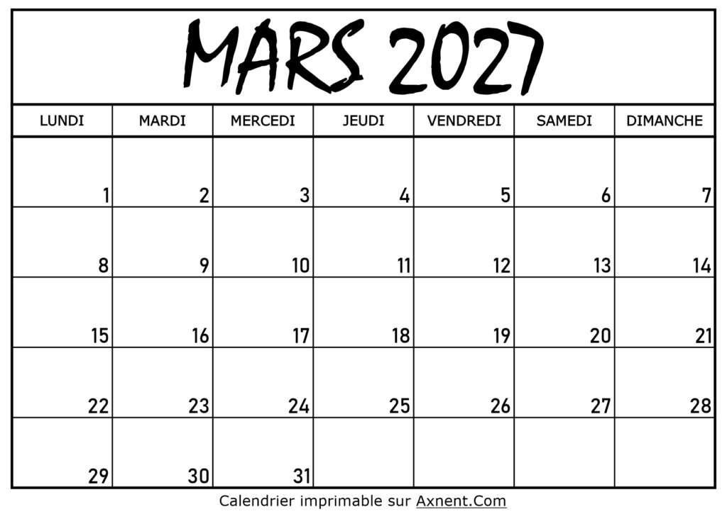 Calendrier Mars 2027 À Imprimer